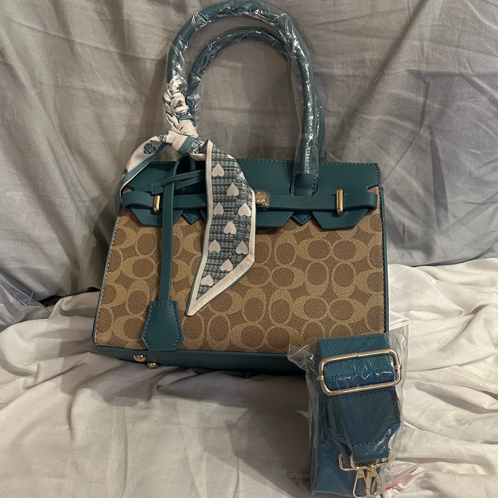 Elegant Tan and Teal Satchel Set